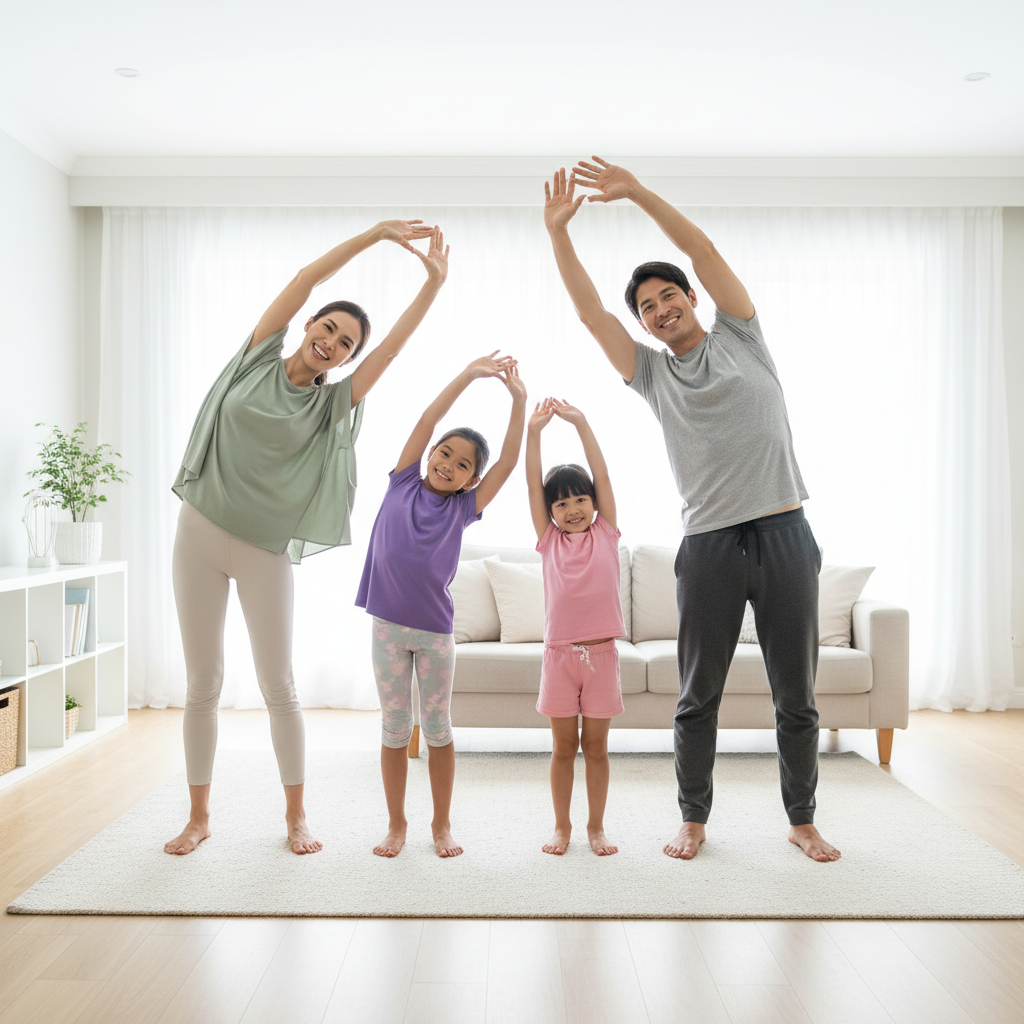 A family doing stretches together in their living room, mom, dad, and two daughters