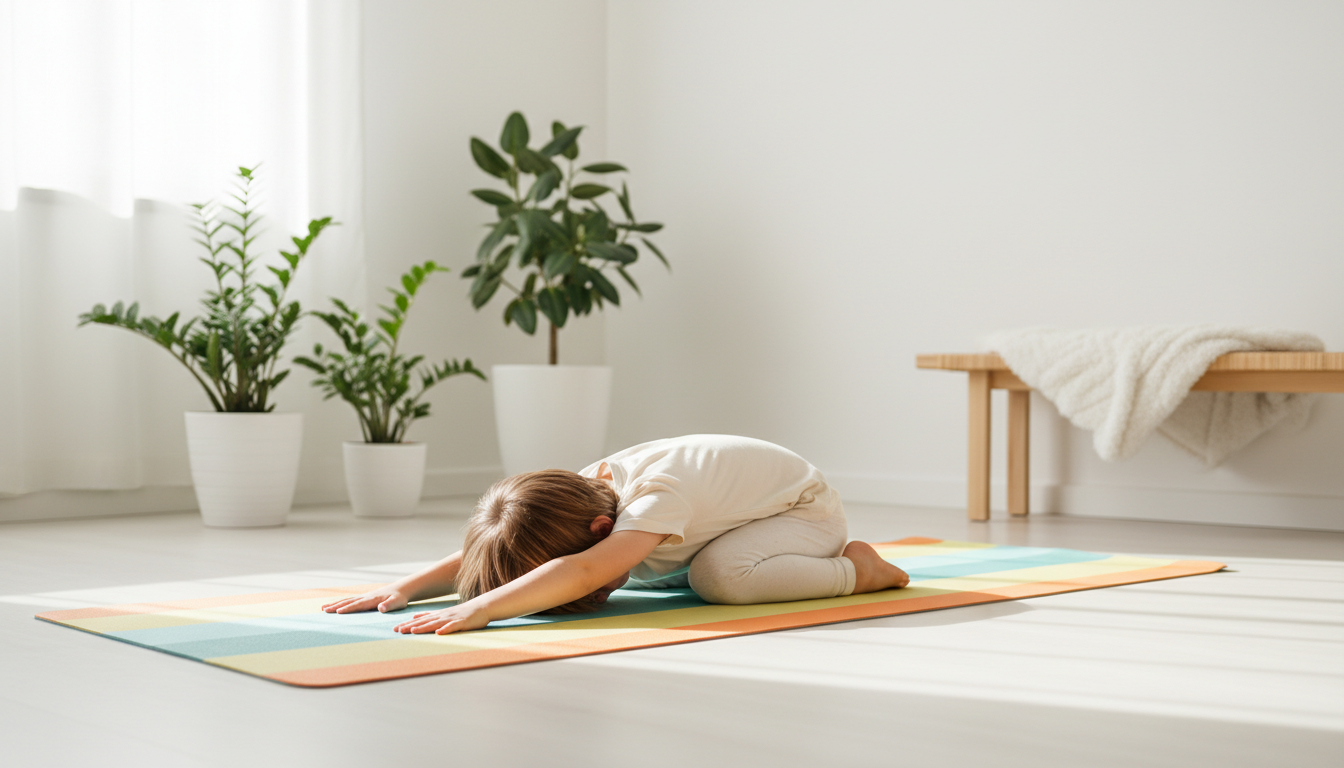 Child resting in child pose on mat