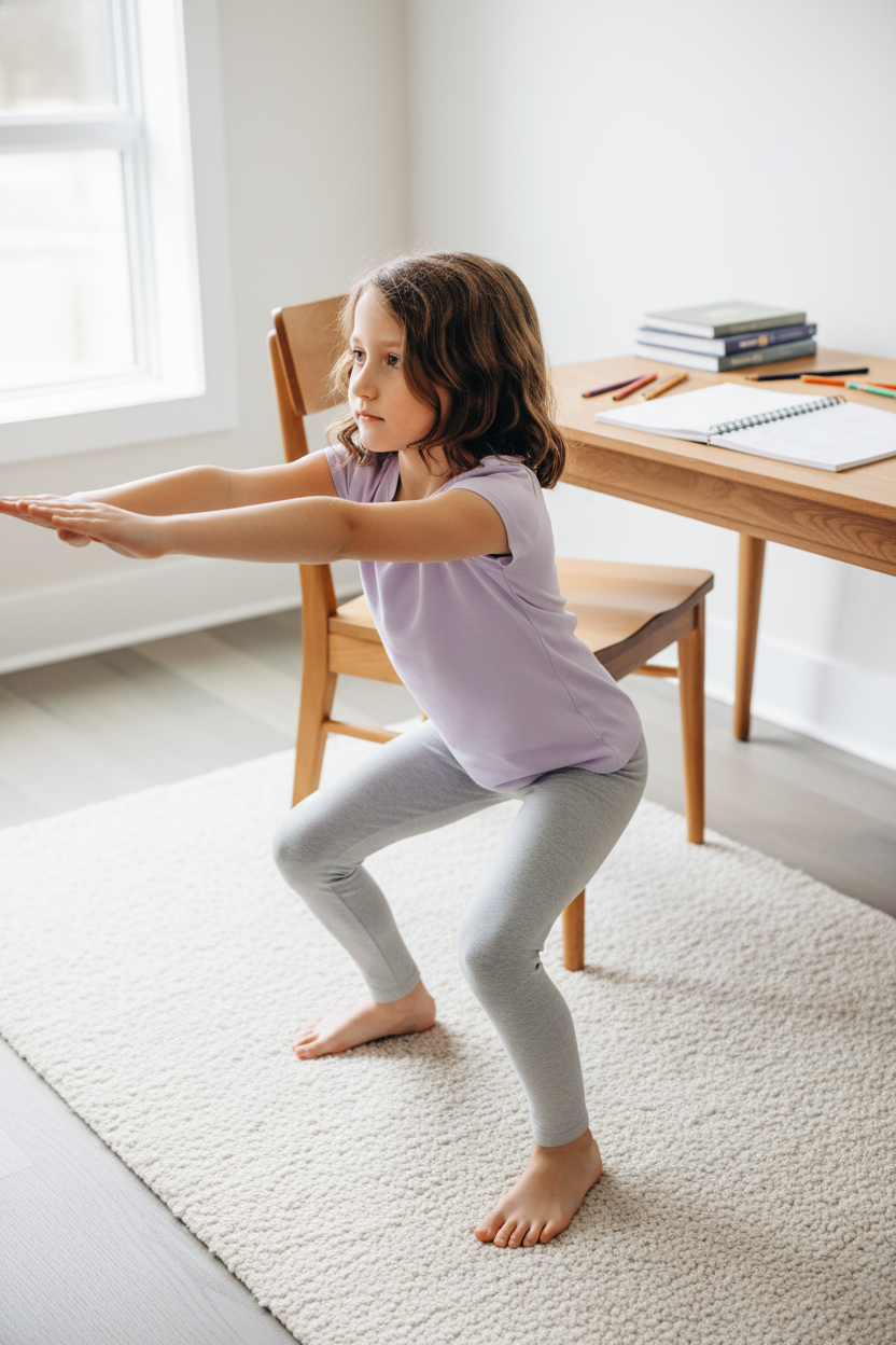 Girl doing chair squats next to a homework table in a bright room