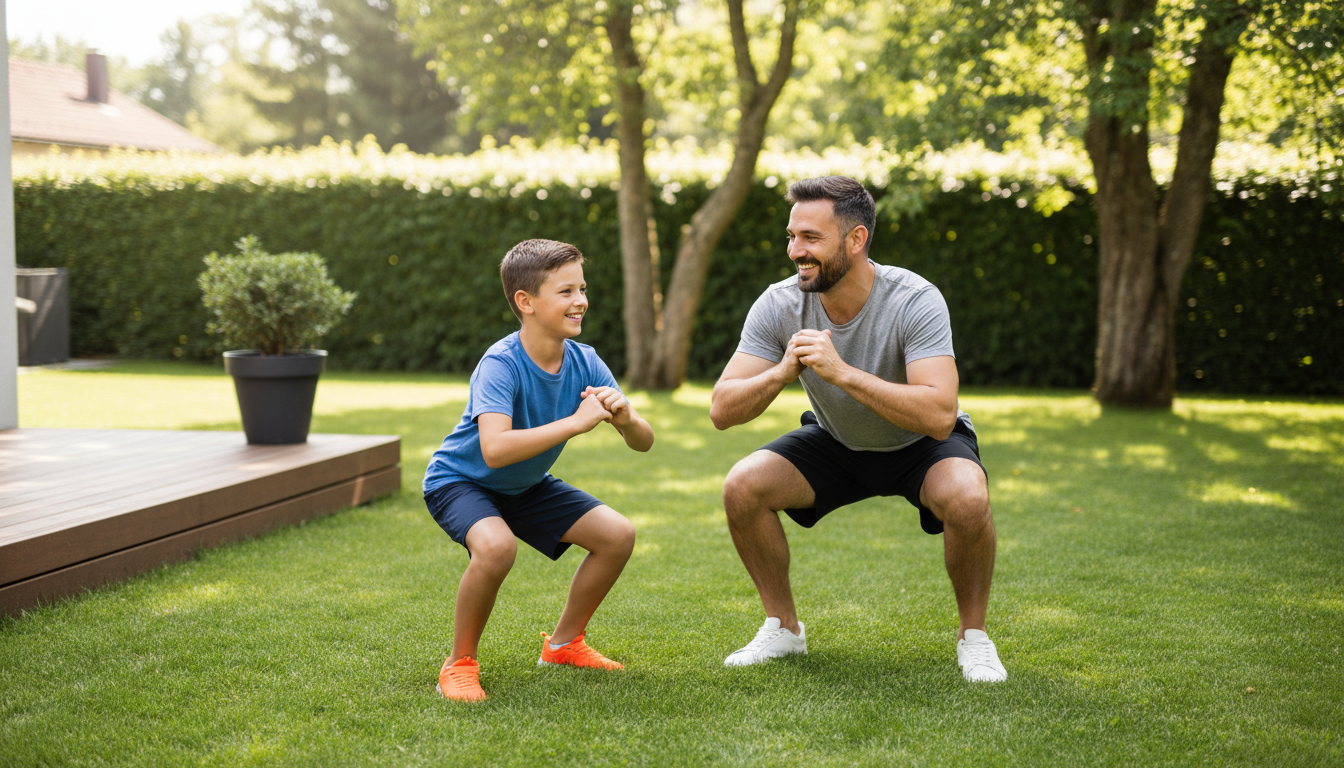 Father and son doing squats together as part of a family workout at home