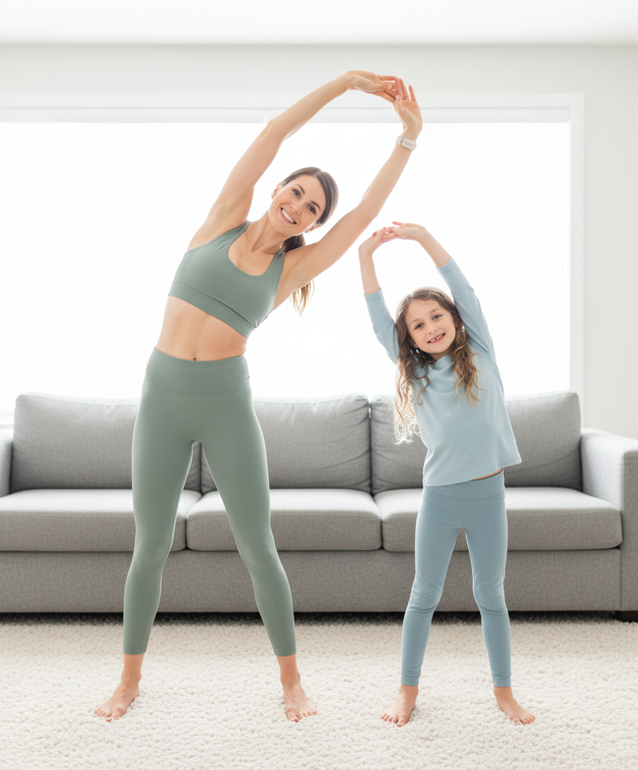 Mom and her 9-year-old daughter doing gentle posture exercises together in a bright living room
