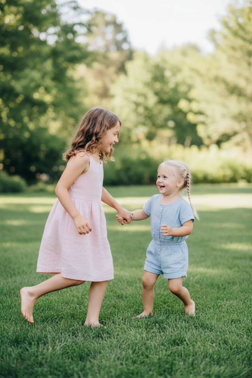 Kids playing outdoor active games in a backyard with natural light
