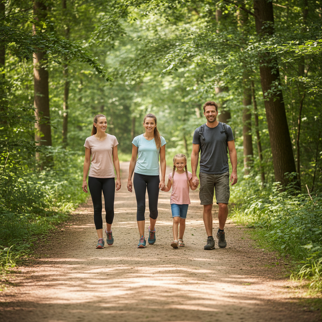 A family walking together on a sunny trail surrounded by green trees in summer