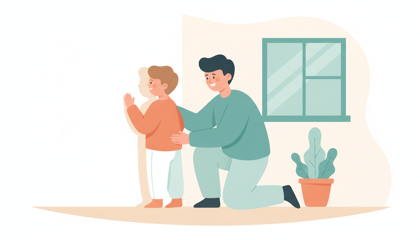 Child doing posture check against wall
