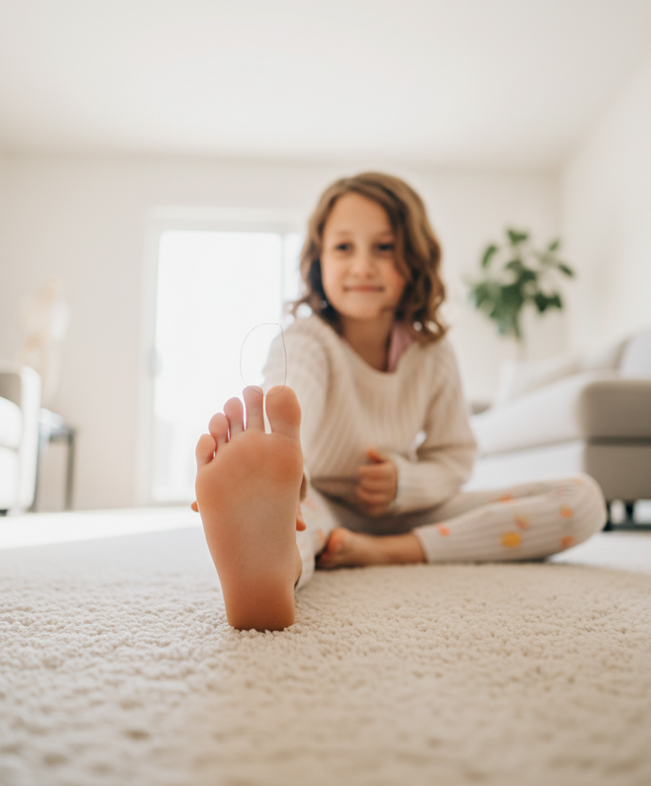 Young girl practicing heel raises barefoot in a bright living room for ankle strength