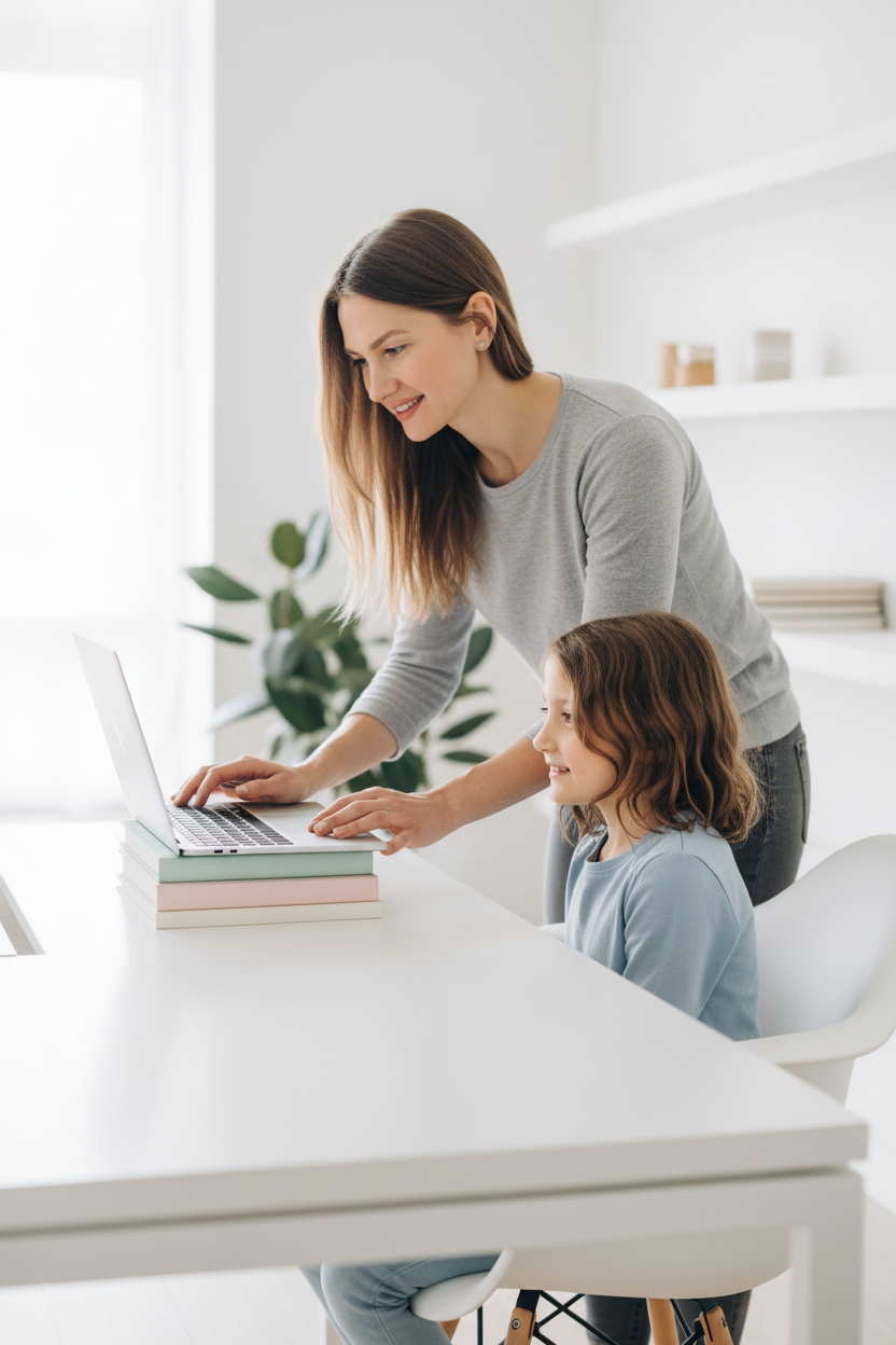Mom adjusting the height of a laptop on books for her daughter's homework station