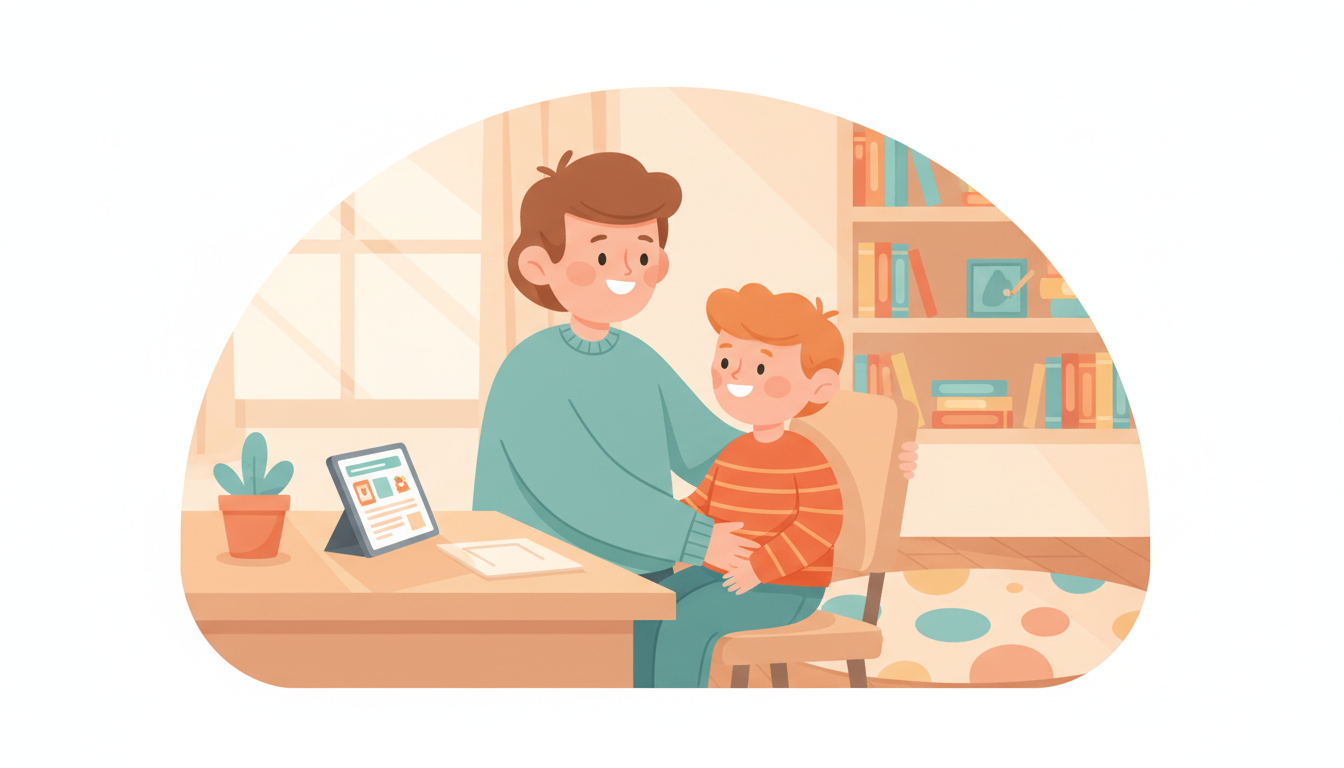 A parent adjusting the chair height for a 7-year-old at a home desk setup for proper posture