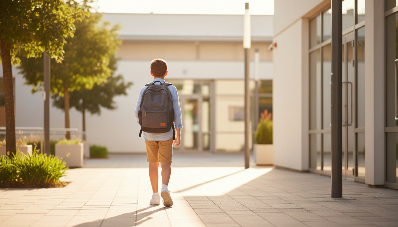 Boy walking to school with properly fitted backpack for good posture