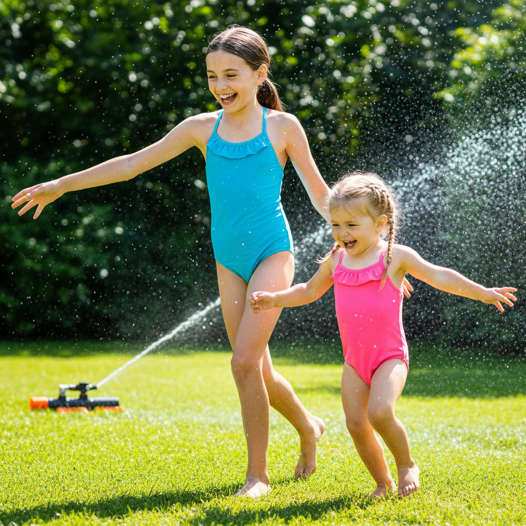 Two girls running through a backyard sprinkler on a bright summer afternoon