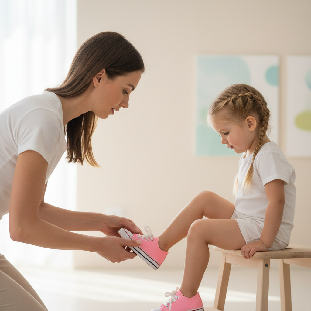 Mom pressing her thumb on the front of a new shoe on her young child's foot to check fit