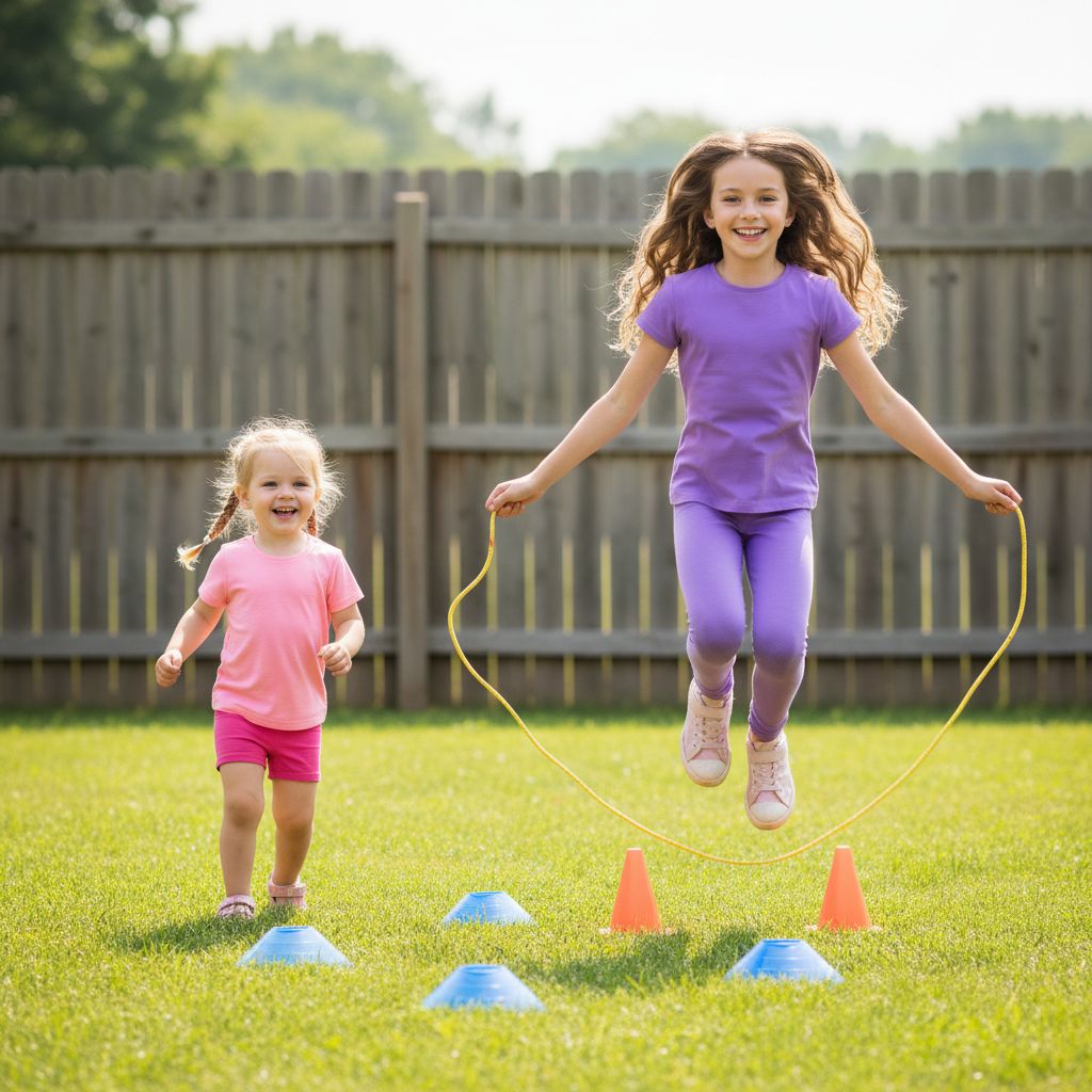 Two young girls running through a simple backyard obstacle course while parents cheer them on