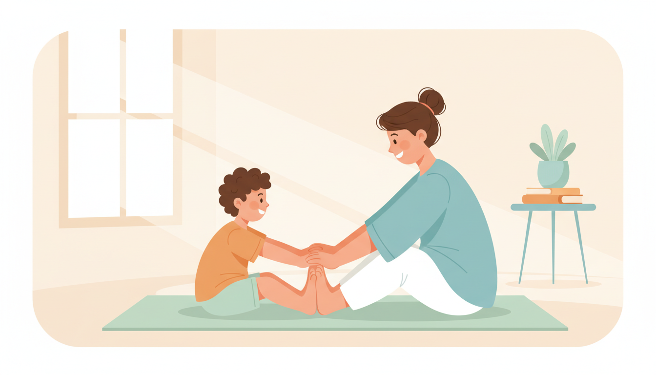Parent and child doing foot exercise on yoga mat