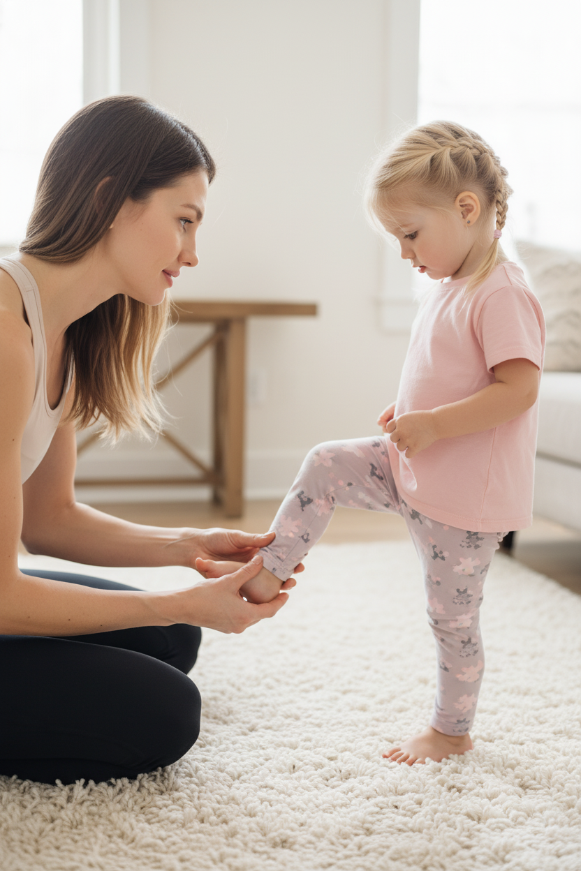 Mom checking her young child's foot alignment while the child stands barefoot on a rug