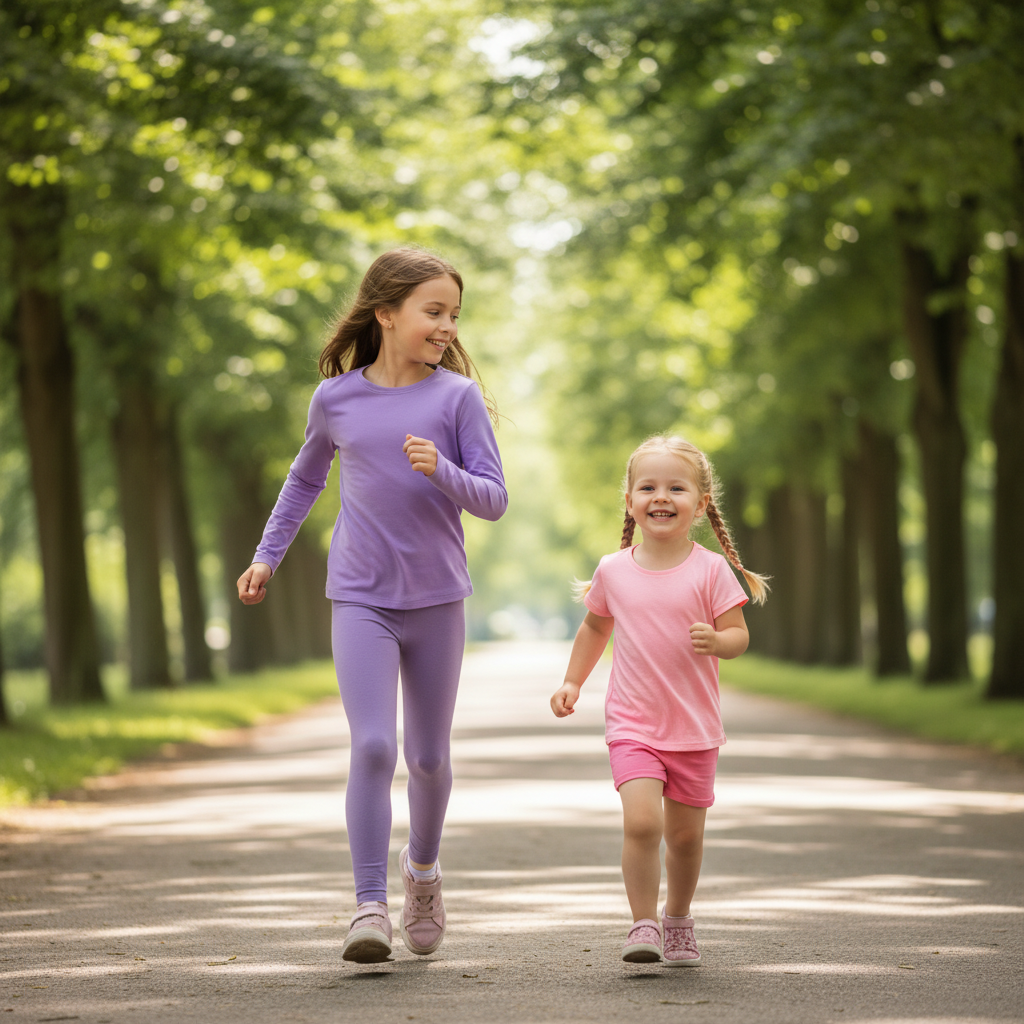 A 9-year-old girl and her younger sister running together in a park with trees in the background