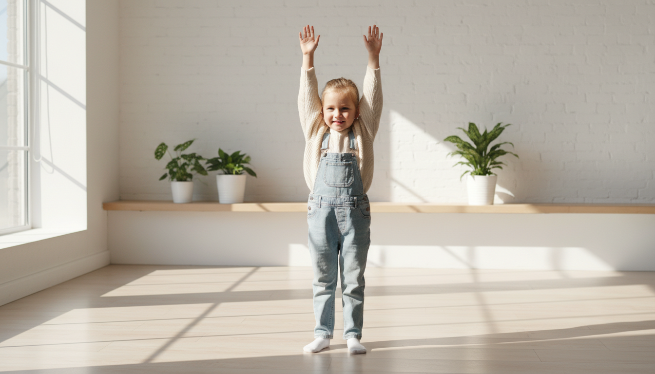 Child standing tall with arms raised practicing good posture