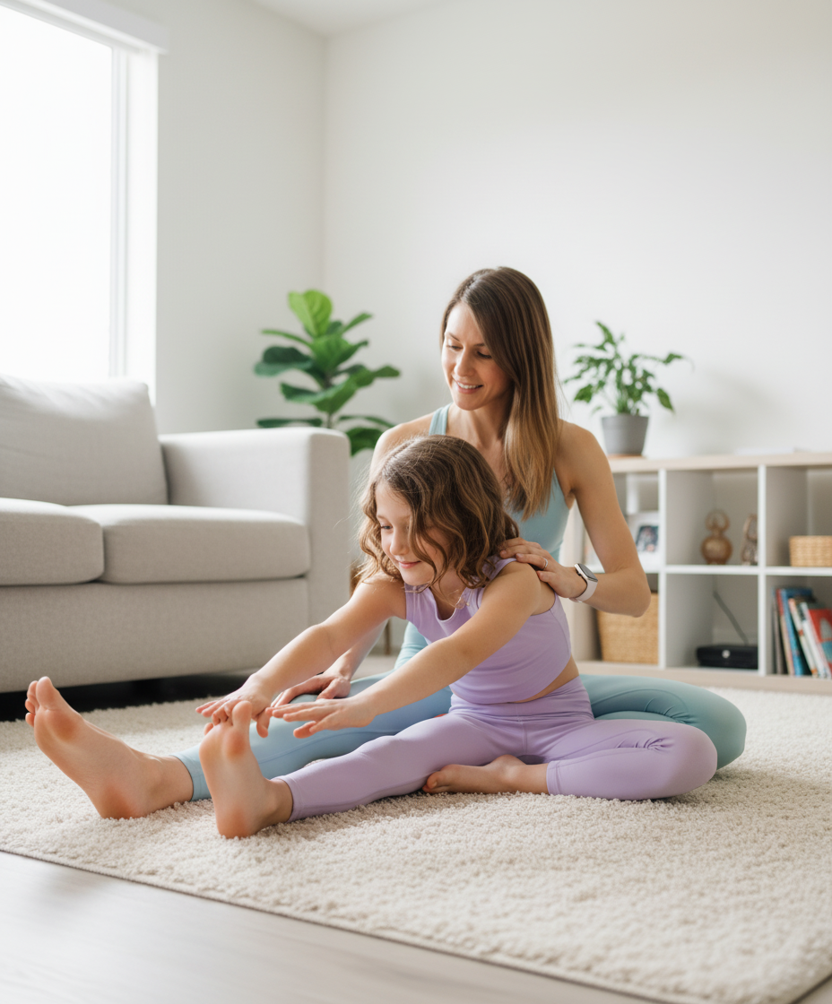 Mom helping her daughter with a supine hamstring stretch on a living room rug