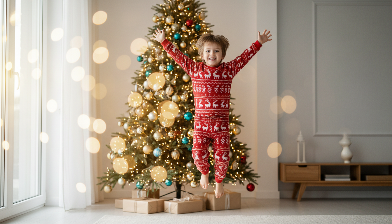 Young child doing a fun jumping exercise in a Christmas-decorated living room to keep kids active during winter break
