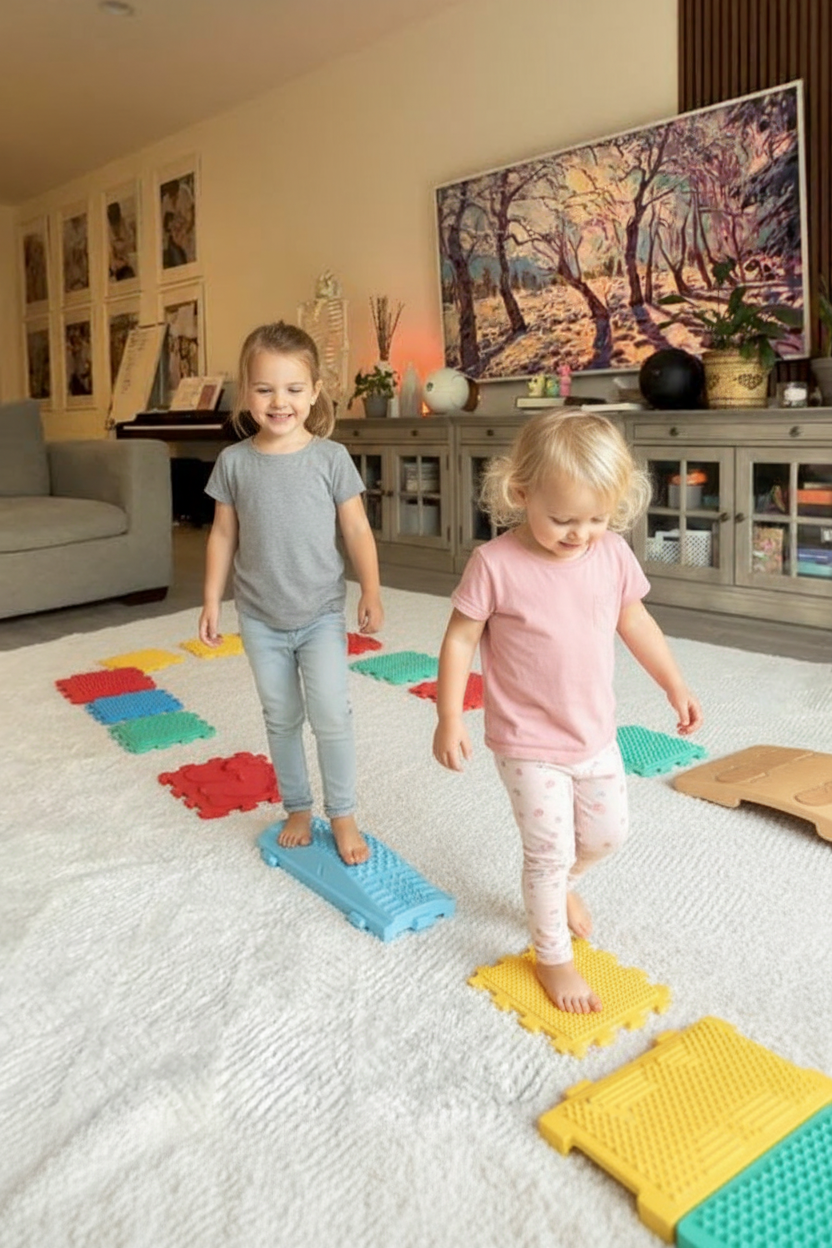 Kids walking barefoot on a colorful sensory foot path with different textures