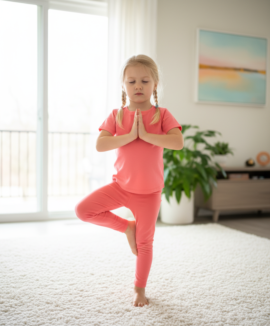 Young child balancing in a yoga tree pose barefoot in a bright living room