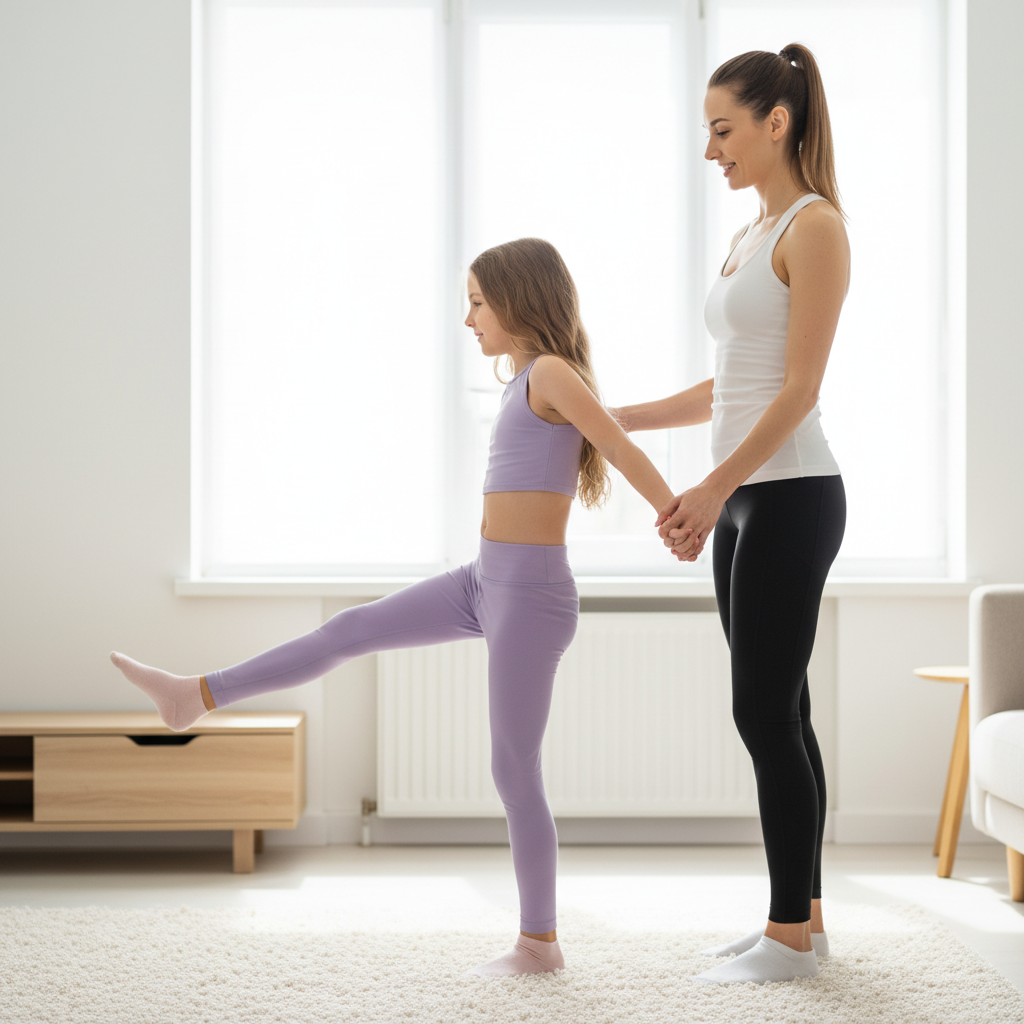 Child doing leg swings while mom holds their hand for balance in a living room