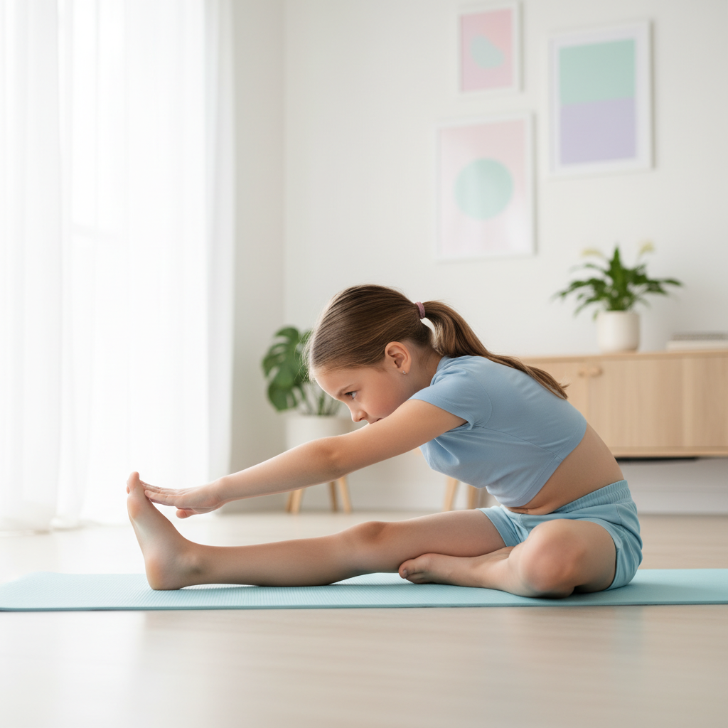 A 9-year-old girl doing a seated forward fold hamstring stretch on a yoga mat