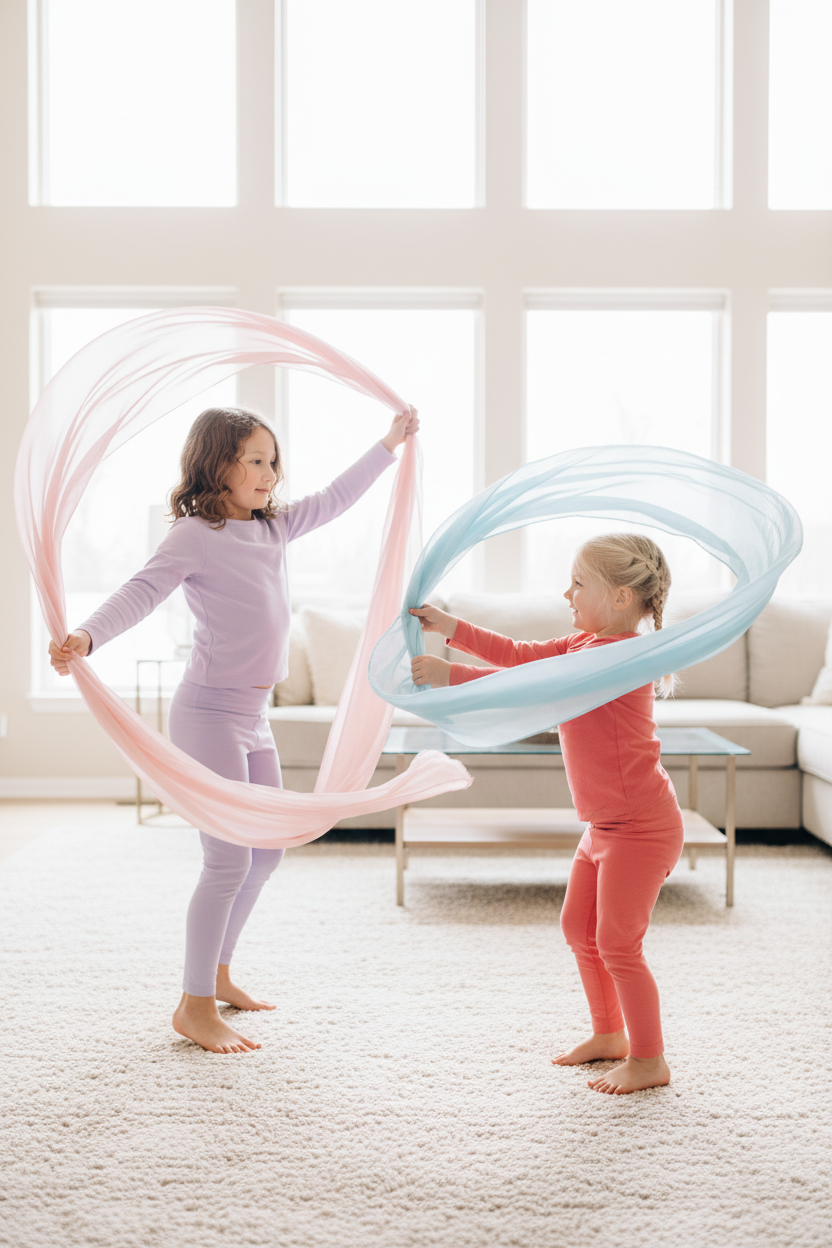 Two kids dancing with scarves in a bright living room barefoot and smiling