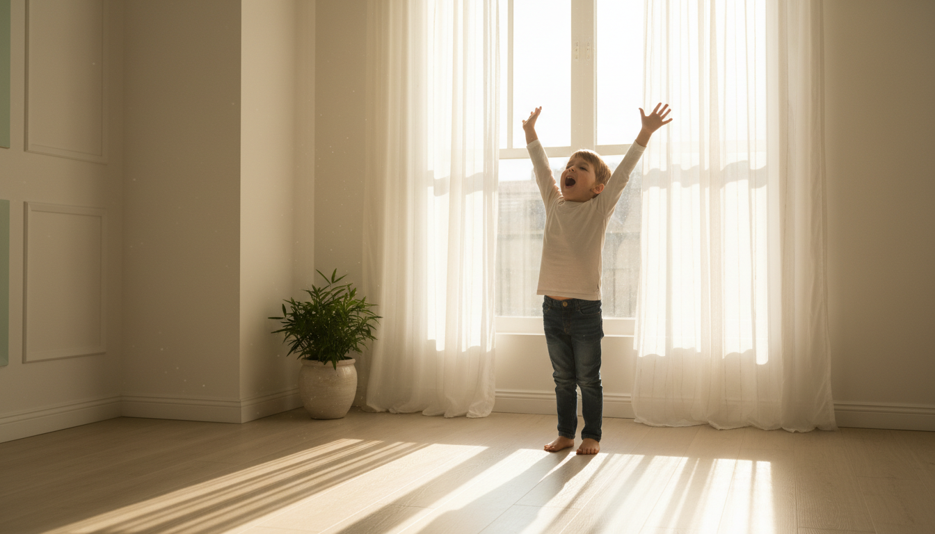 Child doing sunrise stretch by window