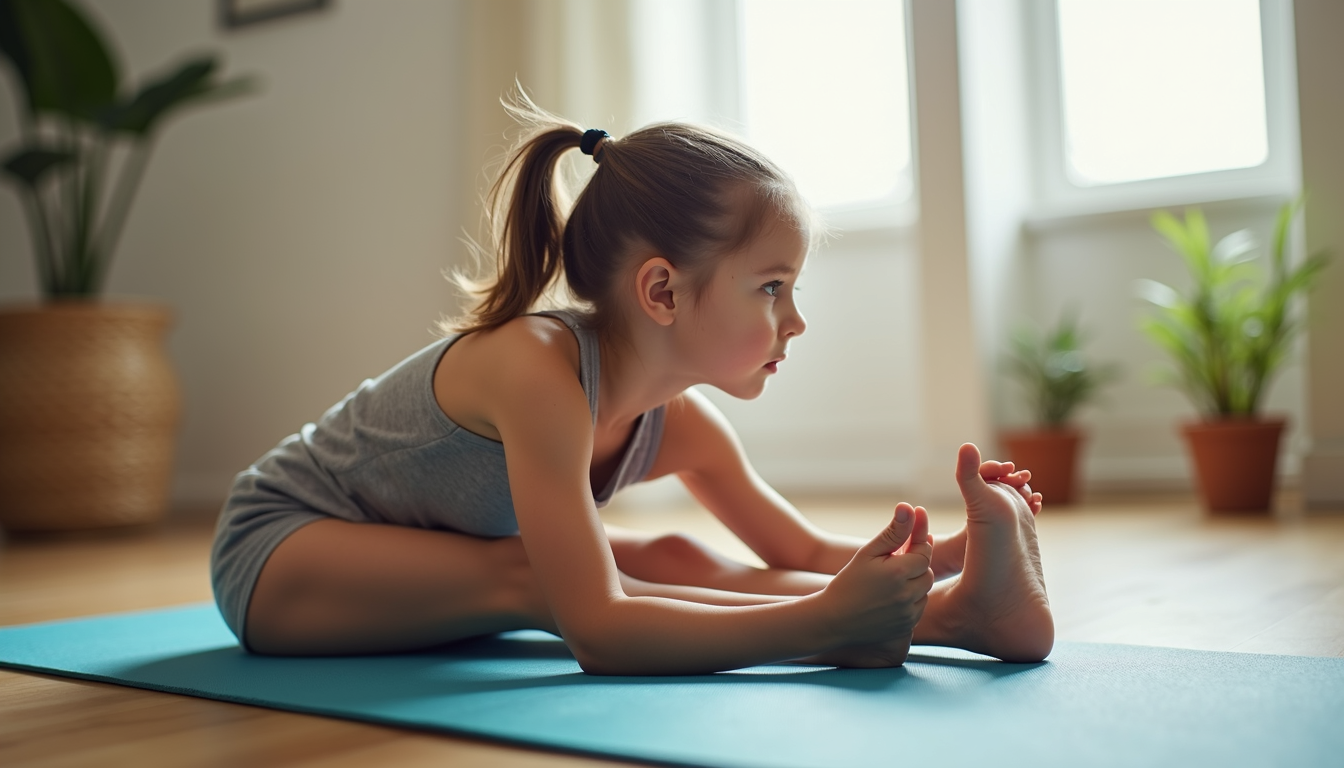 Close-up view of a child stretching during a yoga session