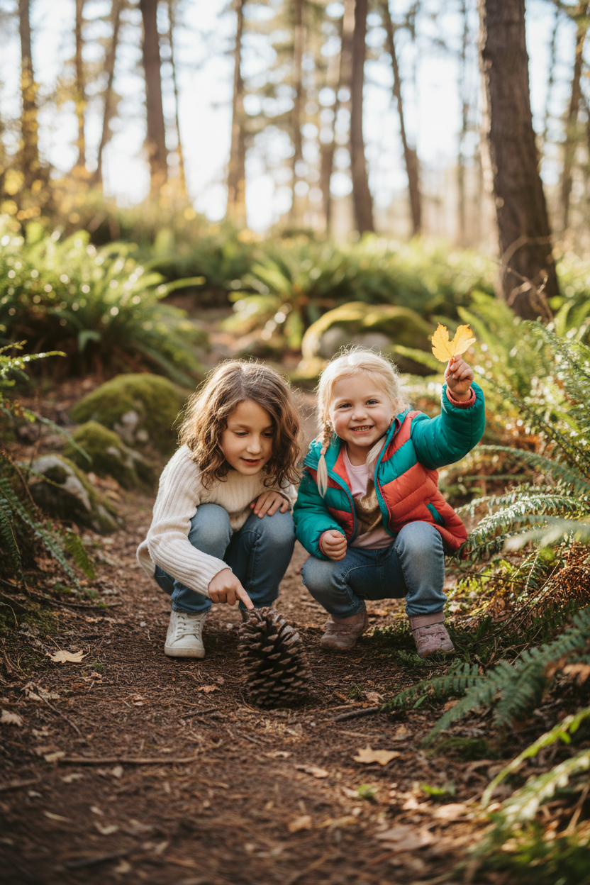 Two kids on a nature hike scavenger hunt, looking at leaves and exploring outdoors