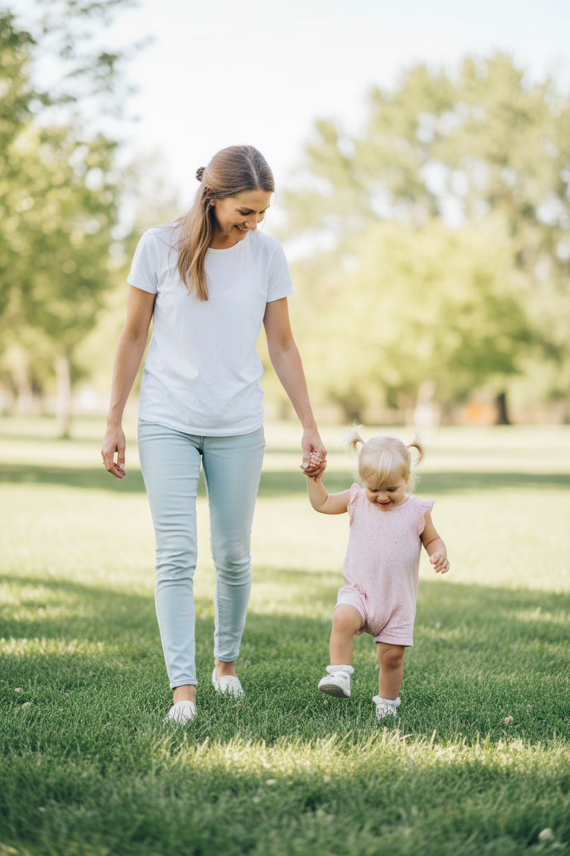 Toddler walking barefoot on grass outdoors holding mom's hand with soft shoes nearby