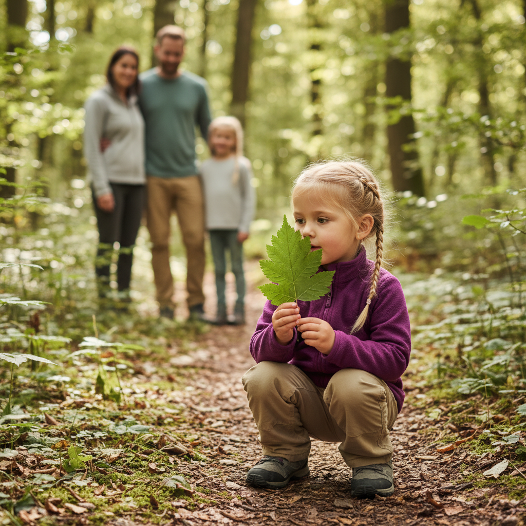 A young girl examining a leaf closely on a forest trail while her family waits on the path behind her