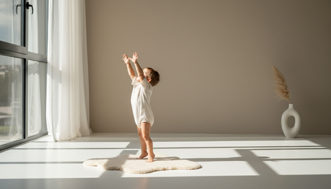 Child on tiptoes reaching up barefoot