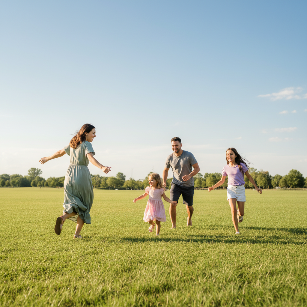 A family of four playing an active game together in a sunny green park