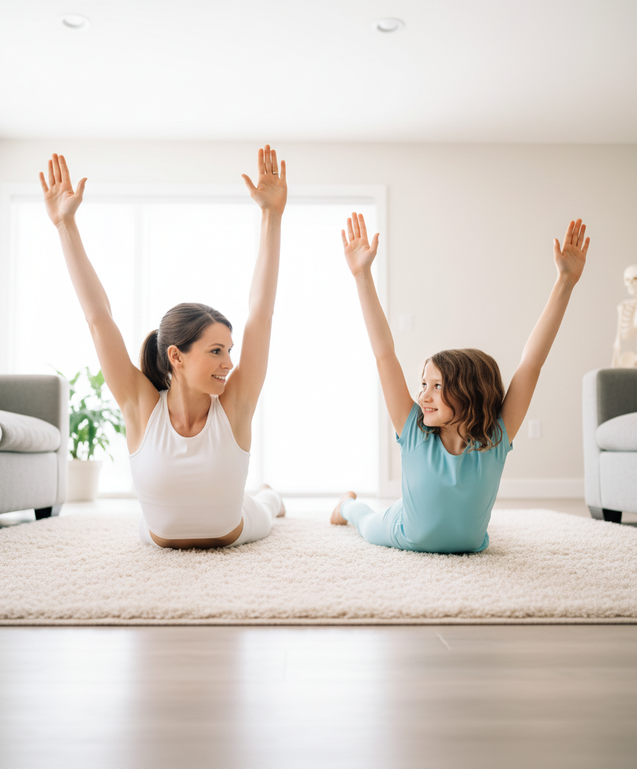 A 9-year-old girl doing wall angels exercise against a wall with her mom watching