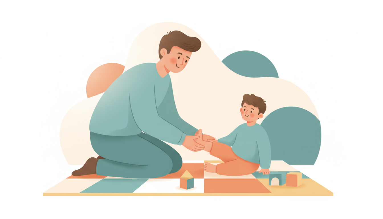 Parent examining child foot on mat