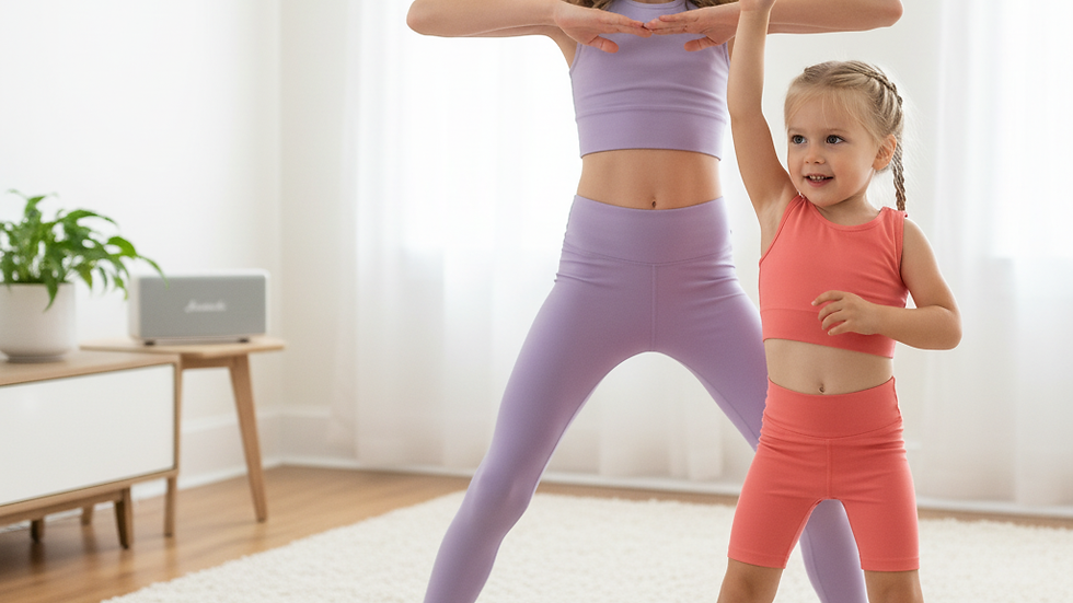 Two kids dancing together barefoot in a bright living room with joyful expressions
