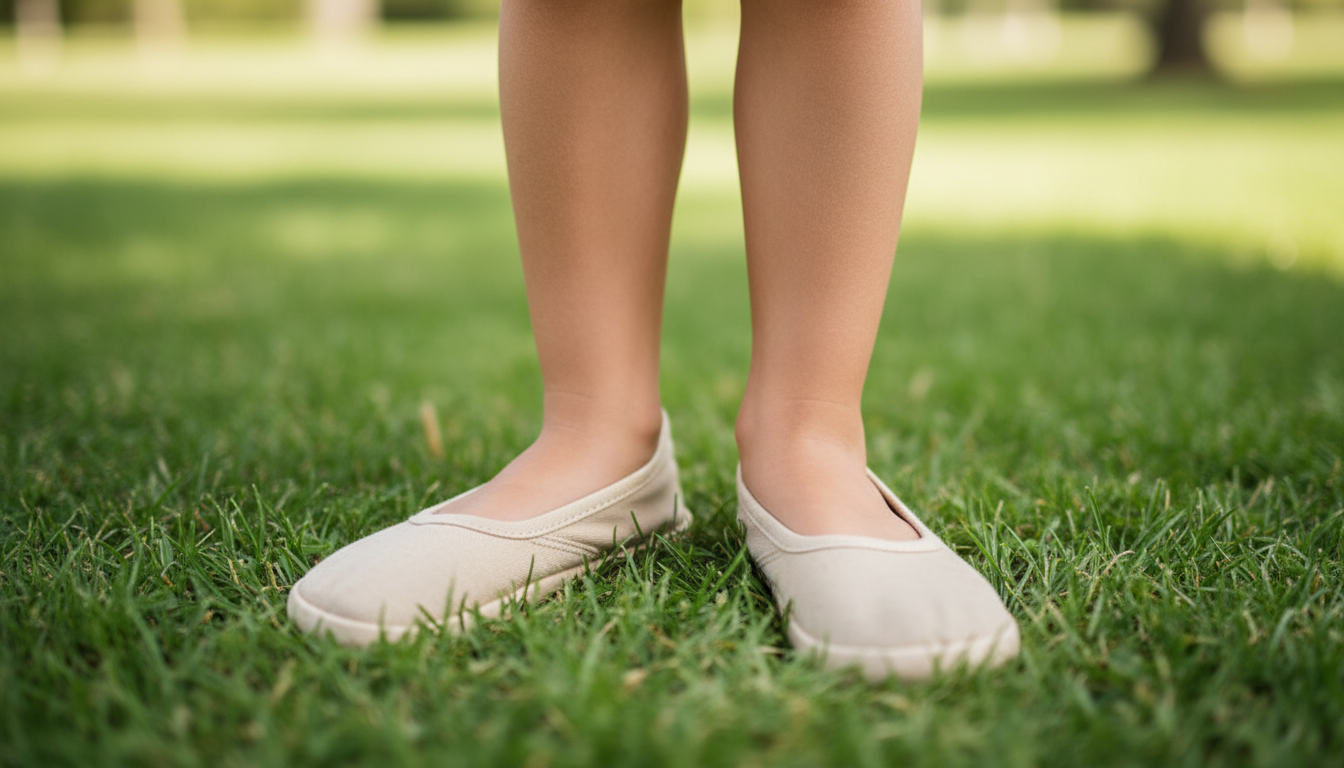 Child's feet in well-fitted minimalist shoes on grass showing proper children's shoe fit