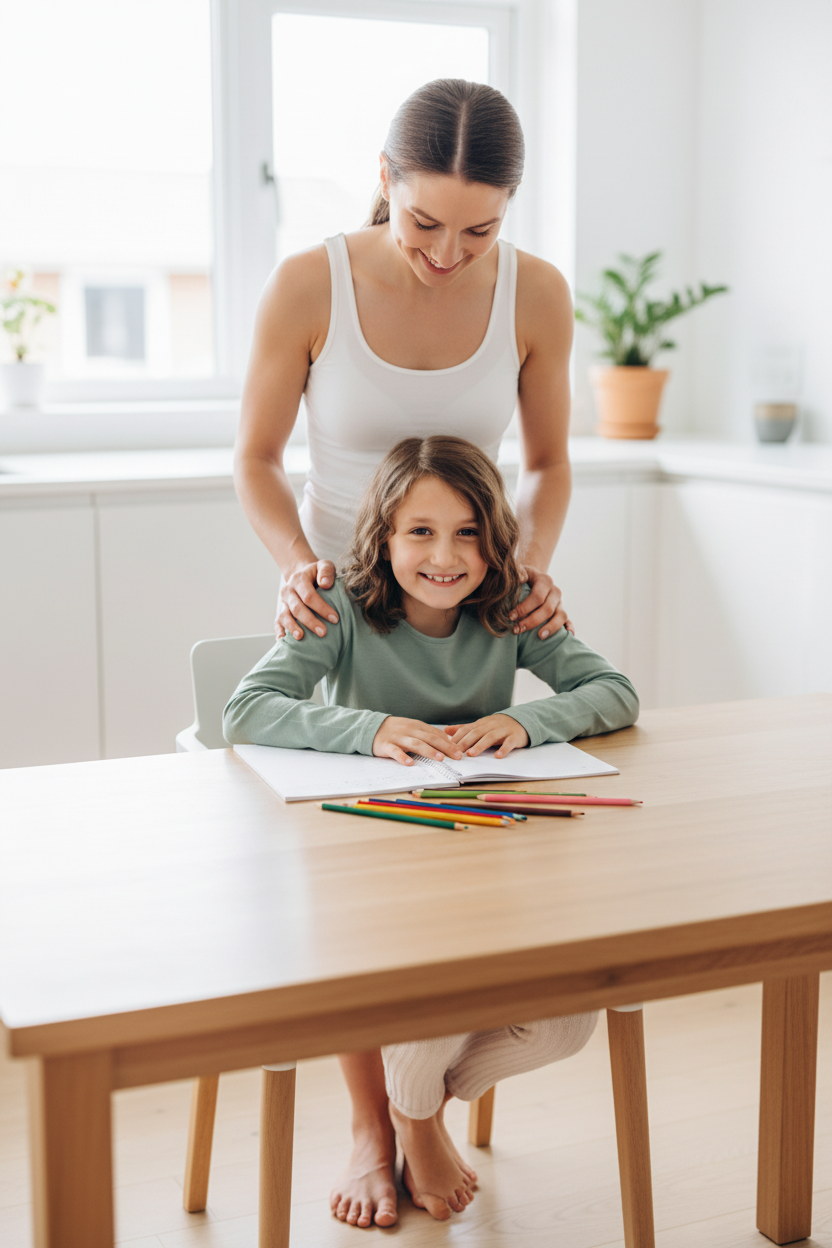 Mom and older daughter at a desk, daughter taking a standing stretch break with a smile