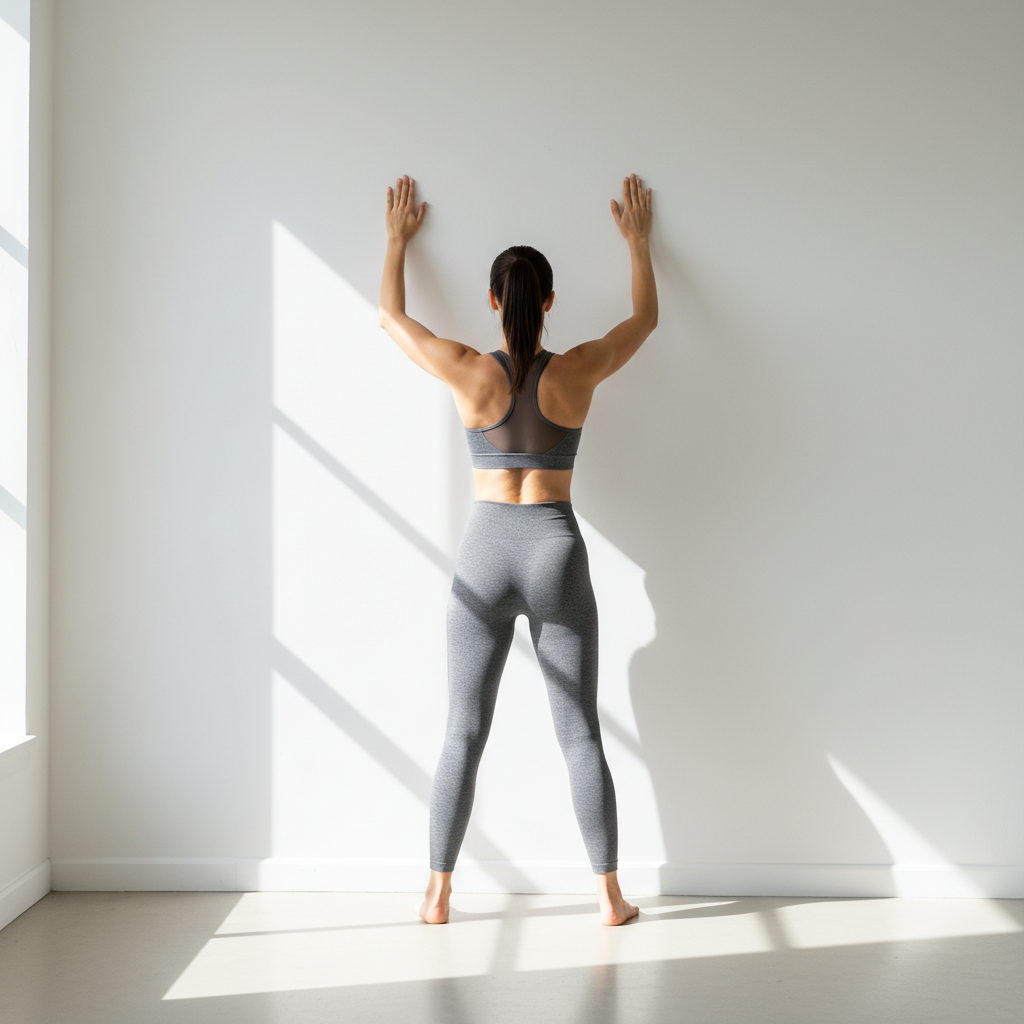 Woman doing wall angel exercise against a white wall for postpartum posture exercises