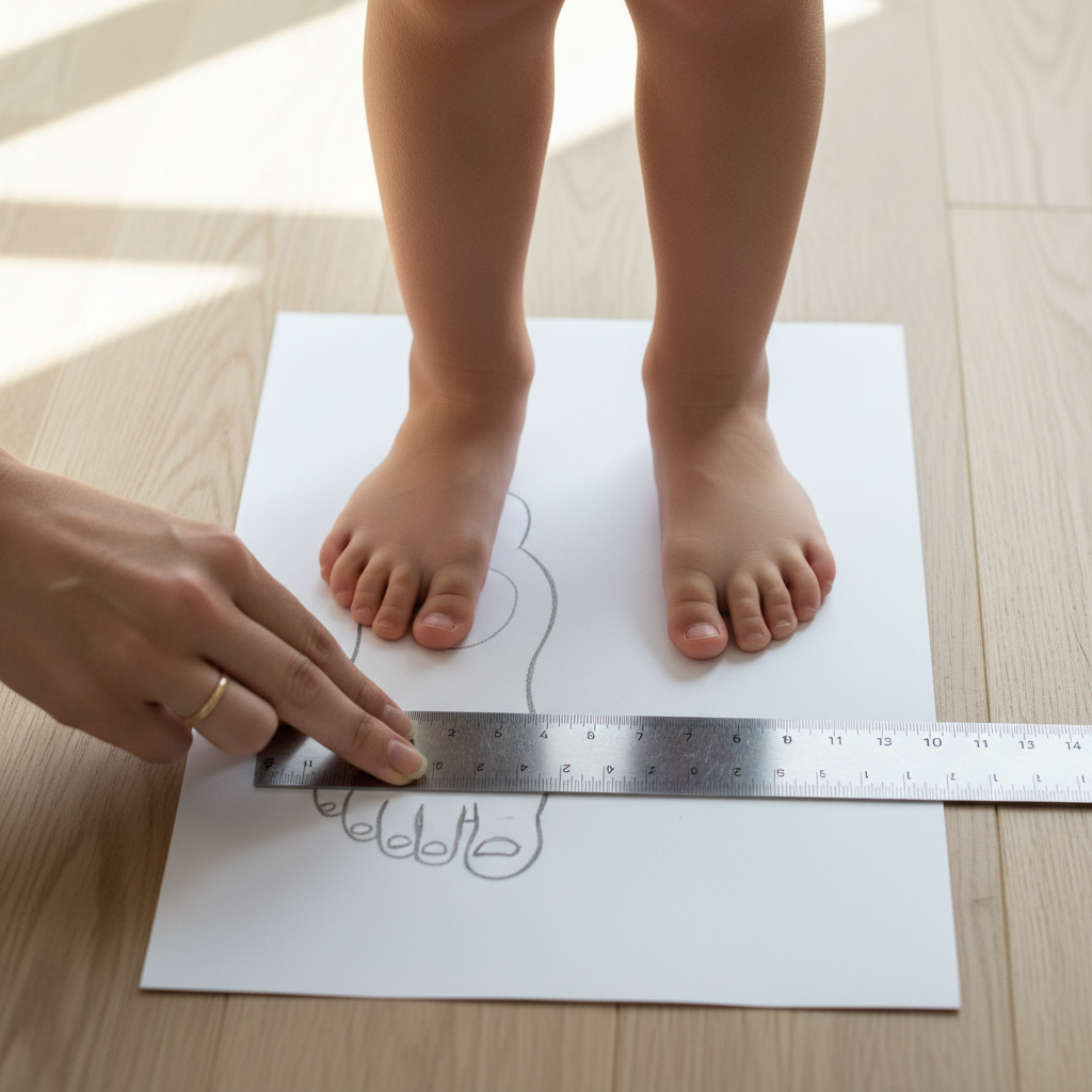 Close-up of a child's foot being measured with a ruler on a white piece of paper