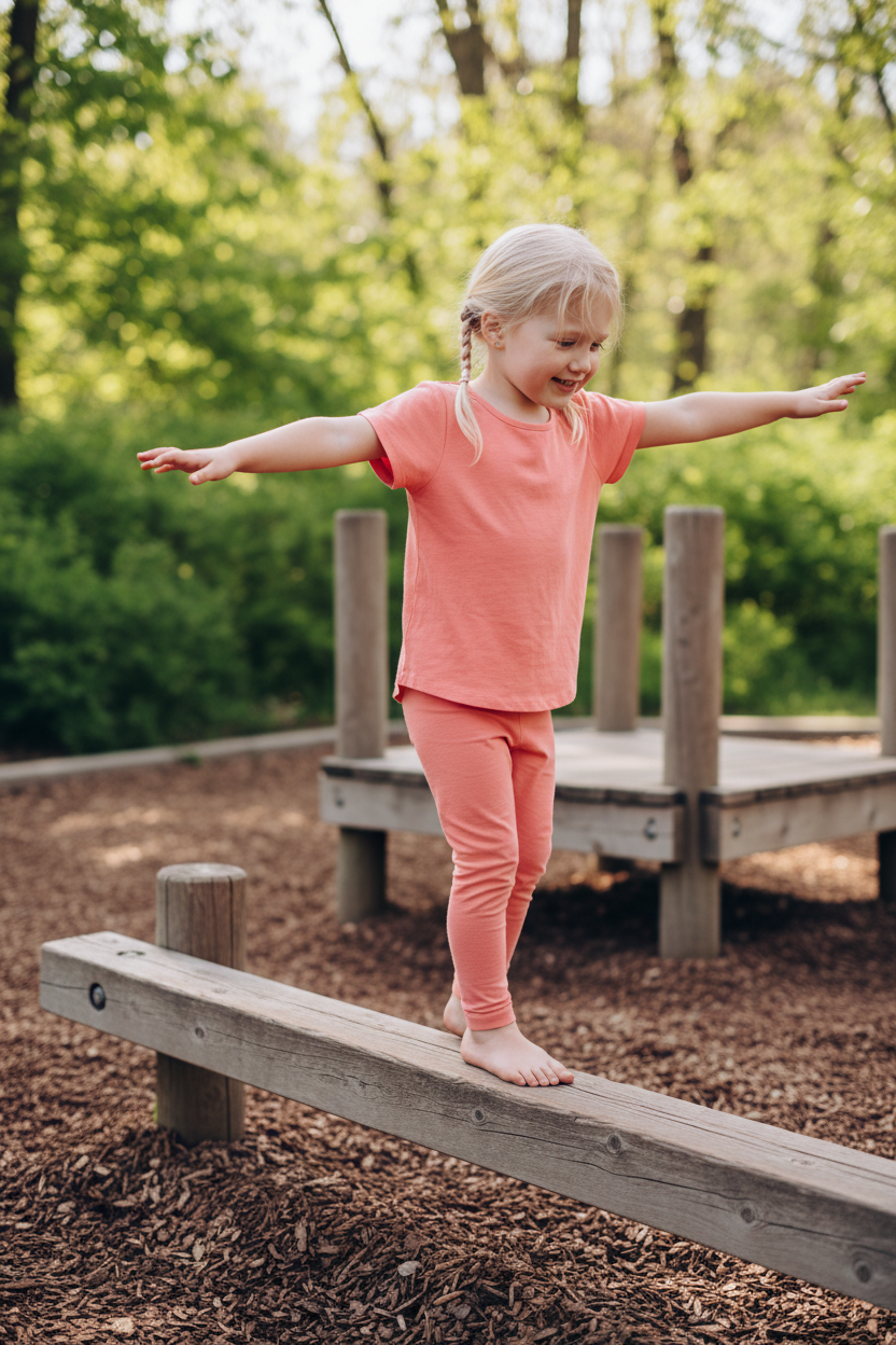 A girl climbing a playground rock wall with focused concentration in an outdoor park