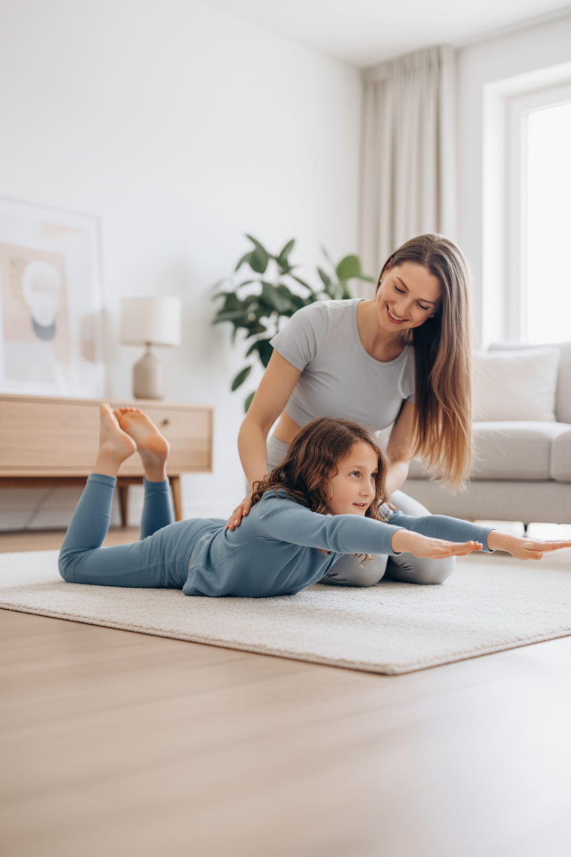 Mom guiding her daughter through a prone Y raise exercise on a living room rug