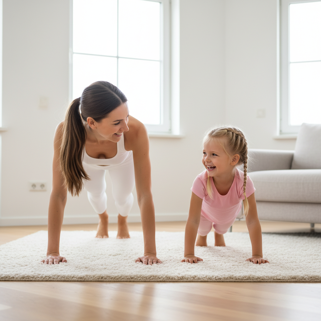 Mom and young daughter doing bear walk exercise together barefoot on a rug in a bright living room