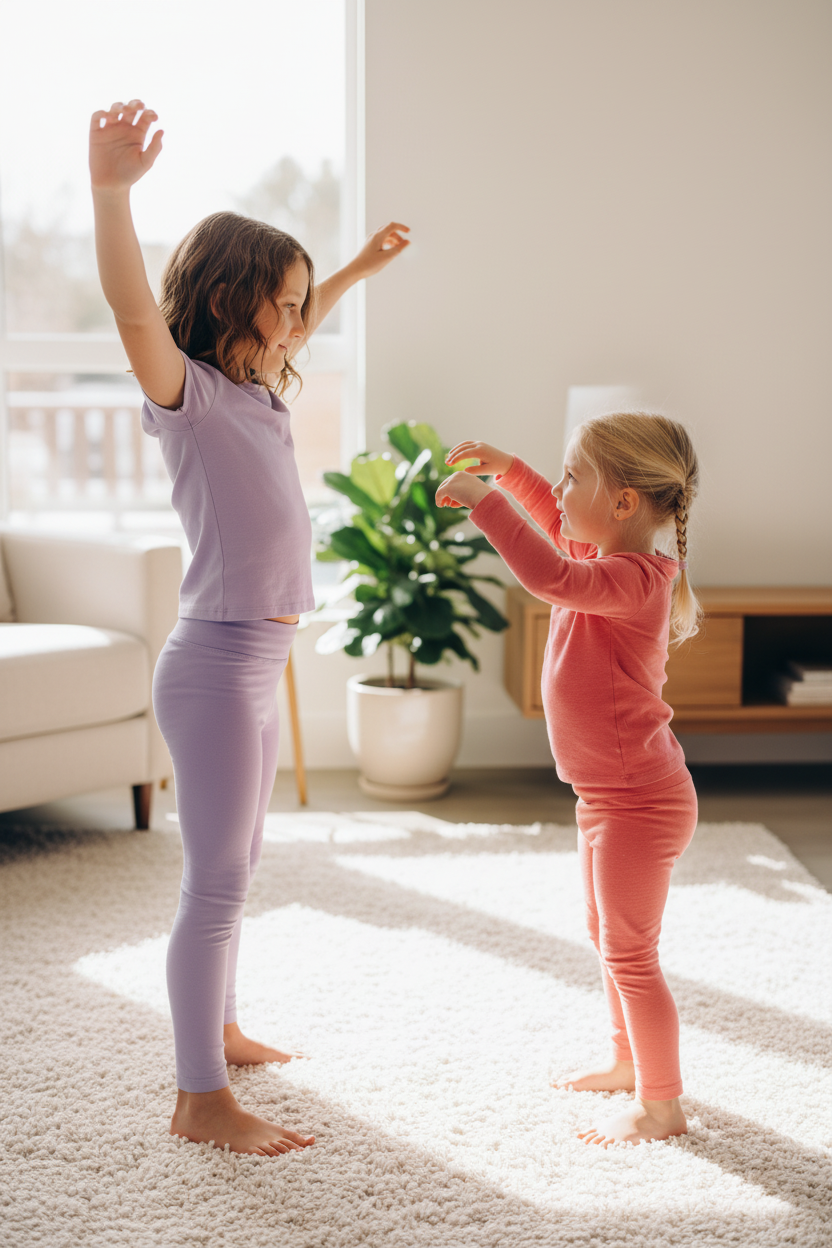 Older girl and younger girl doing freeze dance poses barefoot in a living room