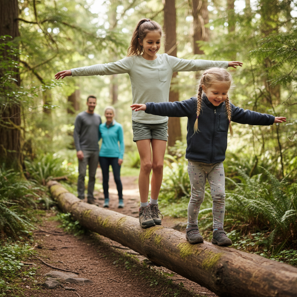 Two kids balancing on a log across a forest trail while their parents watch from behind