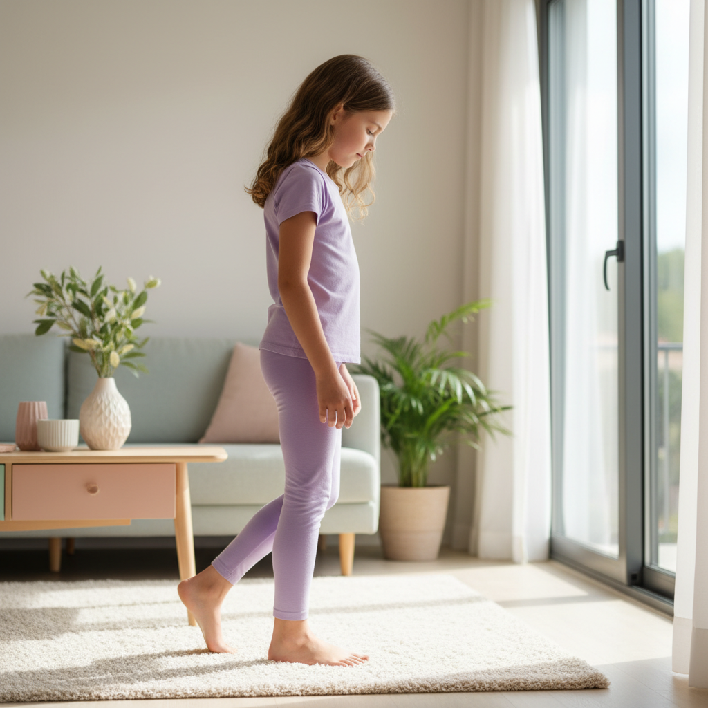 A 9-year-old girl doing slow mindful walking barefoot on a cream rug with a calm focused expression