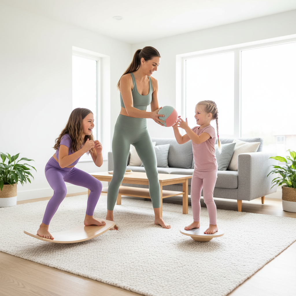 Mom and two kids doing balance board exercises together barefoot in a bright living room