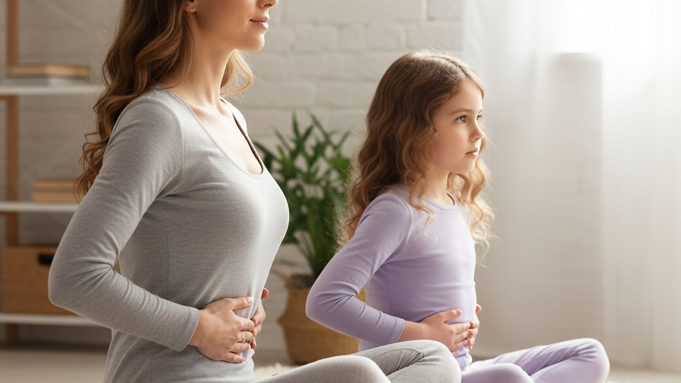 Mom and older daughter sitting cross-legged on a cream rug doing a calming breathing exercise together