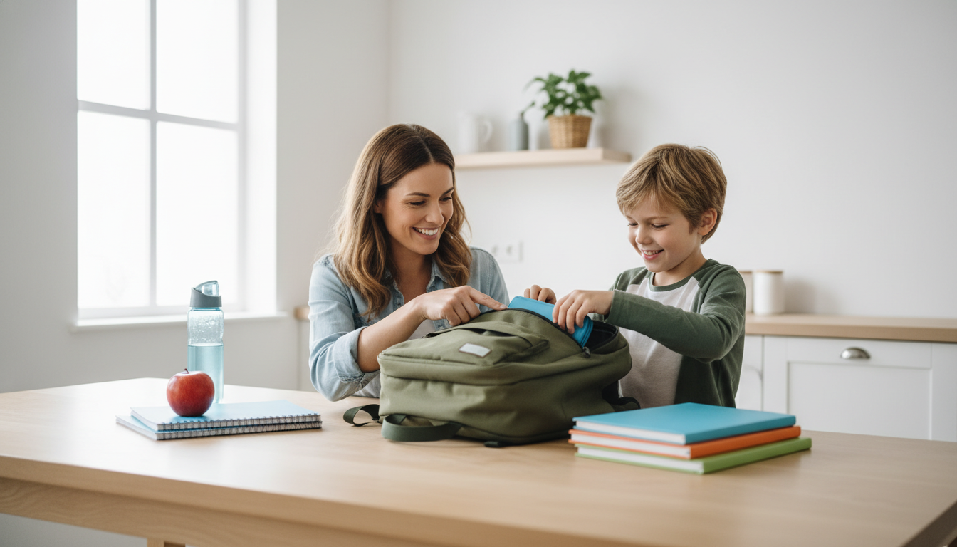 Parent helping child organize school backpack to reduce weight