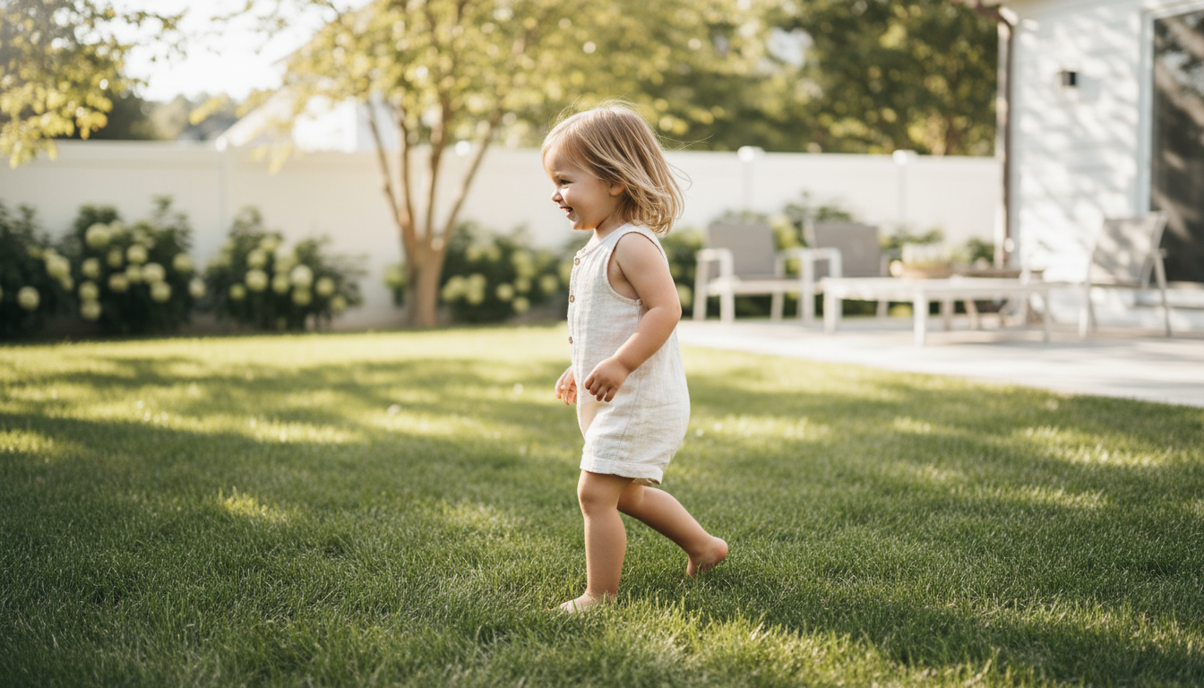 Child walking barefoot on grass to support arch development